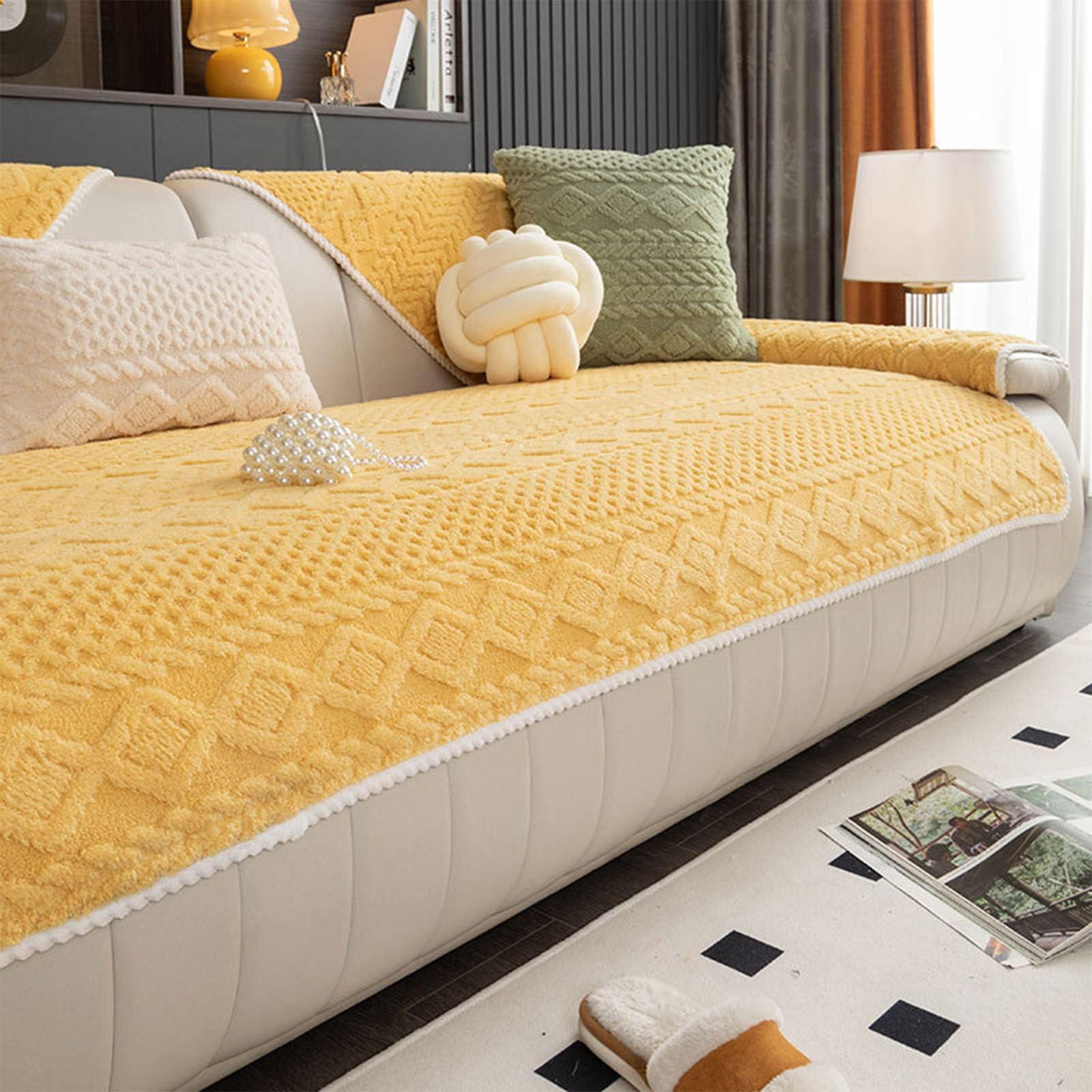 Housse de canapé en L jaune velours 90x180 cm chaude et antidérapante
