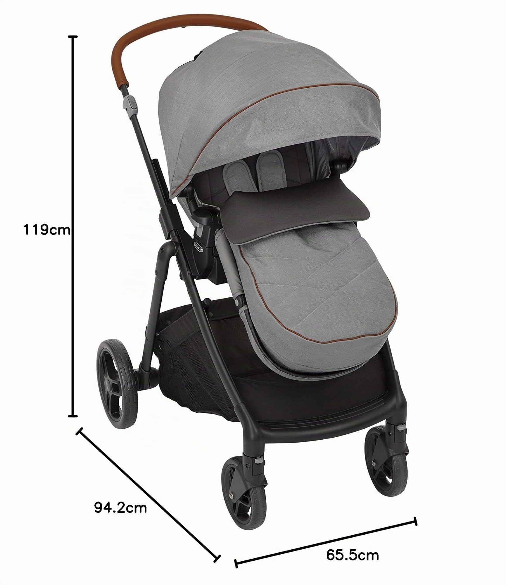 Graco Near2Me - Cochecito (desde el nacimiento hasta los 4 años aprox. 0-22 kg) con función de ajuste de altura Slide2Me, saco de lujo y protector de lluvia, gris