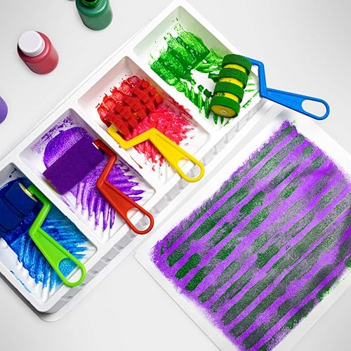Miniatura 3 de Hygloss Juego de rodillos de pintura para niños, 4 rodillos de espuma únicos para diseños creativos, incluye bandeja de pintura, divertidas esponjas