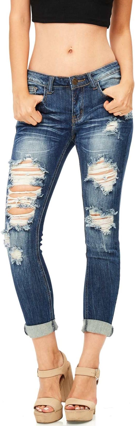Machine by Pink Ice Women's Juniors Low Rise Straight Leg Distressed Jeans (9, Denim)