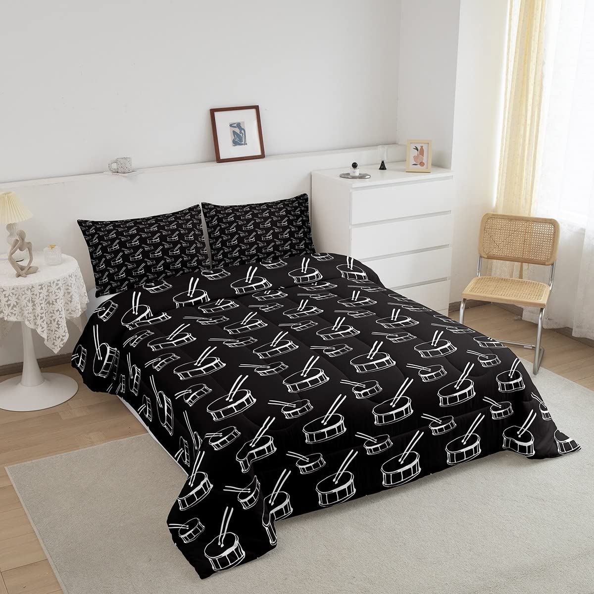 Set di biancheria da letto per musica rock Cool Drum Kit Consolatore ragazzi Camera Decor Kawaii Strumento musicale Consolatore Hip Hop Bianco e Nero Bedding Piumino 230x220cm con 2 federe