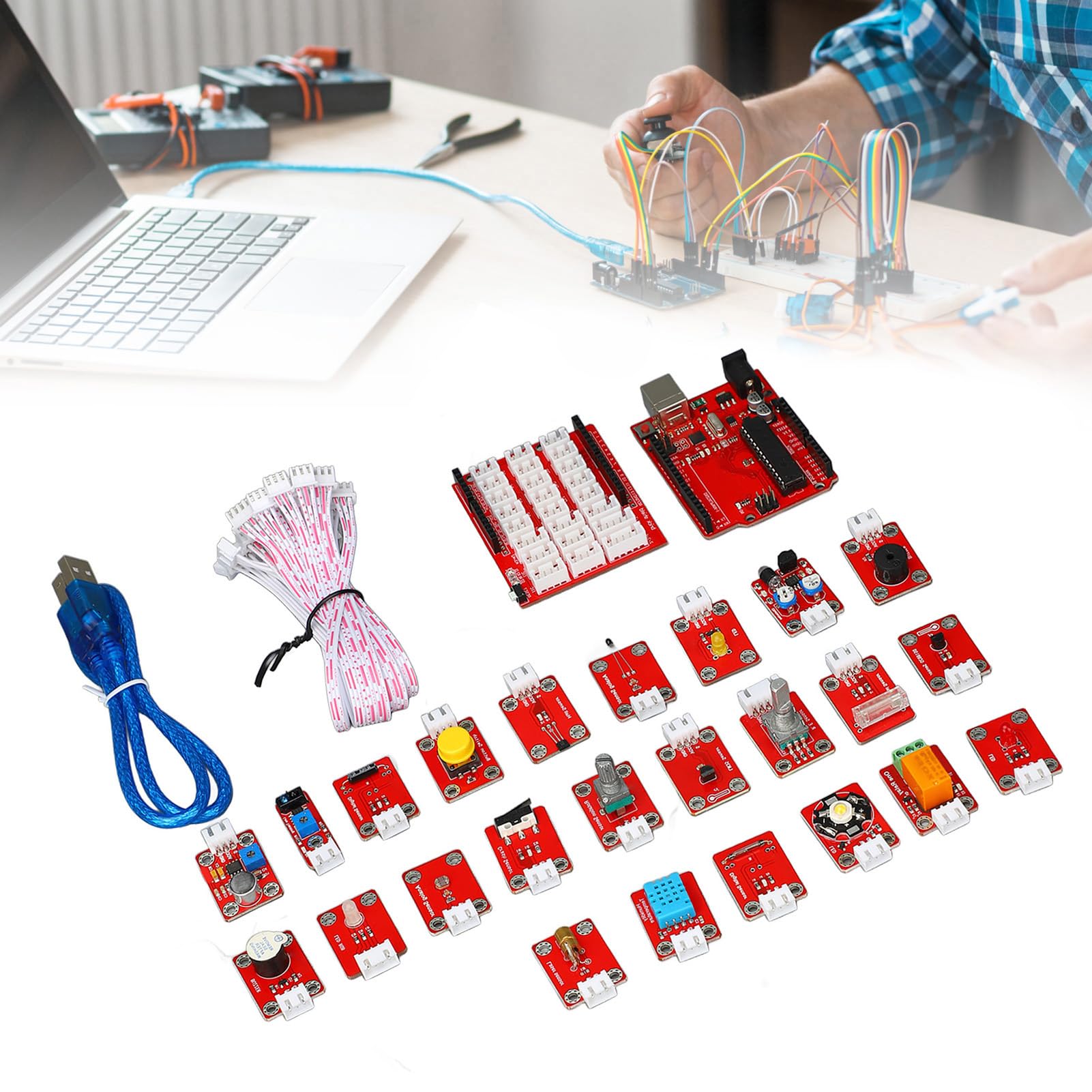 Cocoarm Kit Didattico per Scheda di Sviluppo, Kit Didattico per Programmazione ABS con Software Grafico, Sensori Multipli, Modulo LED e Cavi, per Studenti Principianti Educazione Fai-da-te