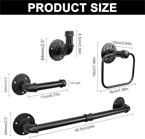 Miniatura 2 de Kit de 4 piezas de anillo de toalla de baño de tubería industrial, kit de accesorios de montaje en pared, incluye gancho para bata, toallero y