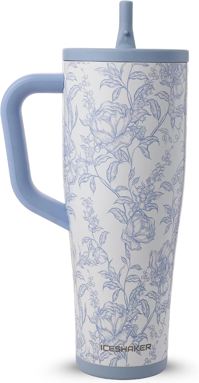 Ice Shaker 40 oz Tumbler with Handle and Straw | 40oz Bleu Toile| Cold for 30+ Hours | 2-in-1 Tumbler Shaker Bottle | Odor-Free 40 ounce Bottle for Water, Protein Shakes, Smoothies, Cocktails