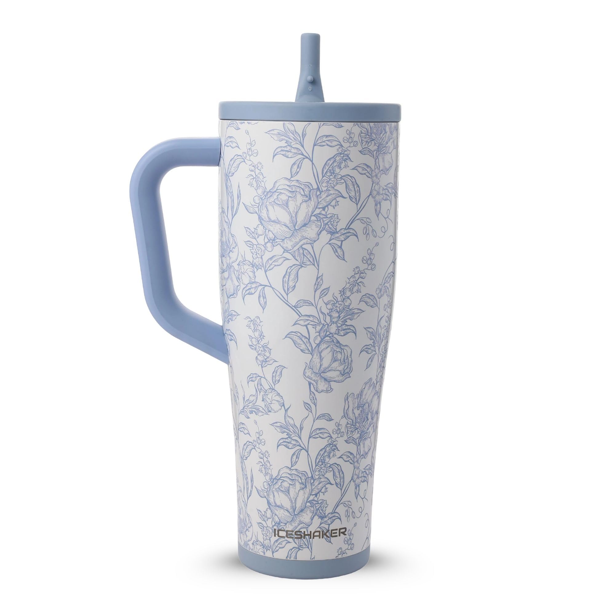 Ice Shaker 40 oz Tumbler with Handle and Straw | 40oz Bleu Toile| Cold for 30+ Hours | 2-in-1 Tumbler Shaker Bottle | Odor-Free 40 ounce Bottle for Water, Protein Shakes, Smoothies, Cocktails
