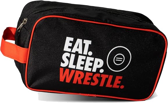ChalkTalkSPORTS Wrestling Toiletry Bag - Eat Sleep Wrestle - Black Red | Polyester, Center Zipper, Side Handle, 11 x 6 x 5 Inches, Sports Camp Bag, Pencil Case, Dopp Kit, Wrestling Gift