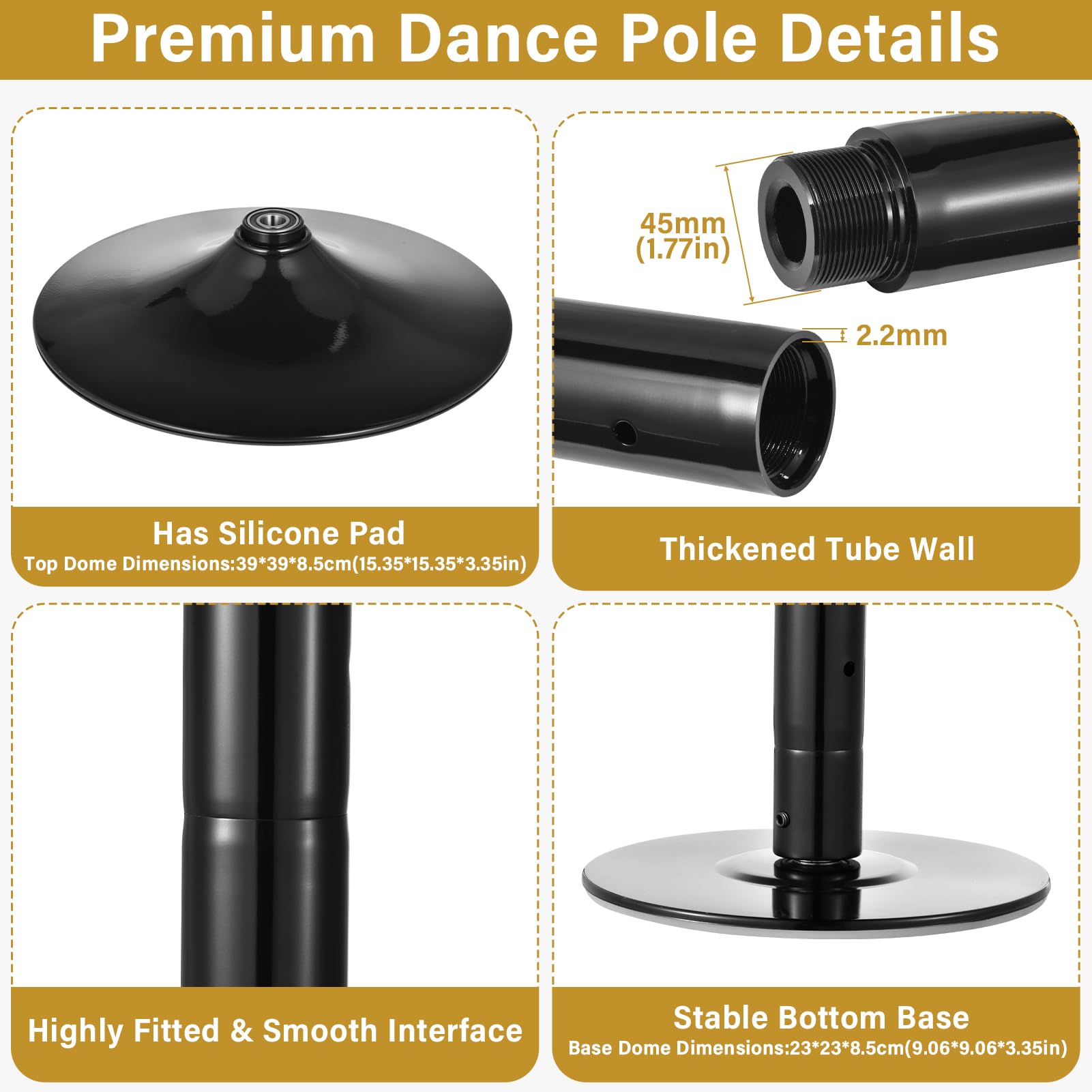 Genérico Barra de Pole Dance, 45 mm de diámetro, Altura Ajustable de 216 a 279 cm, portátil y Desmontable con función estática y-giratoria, Capacidad de Carga de 150 kg, Dorada — view 5