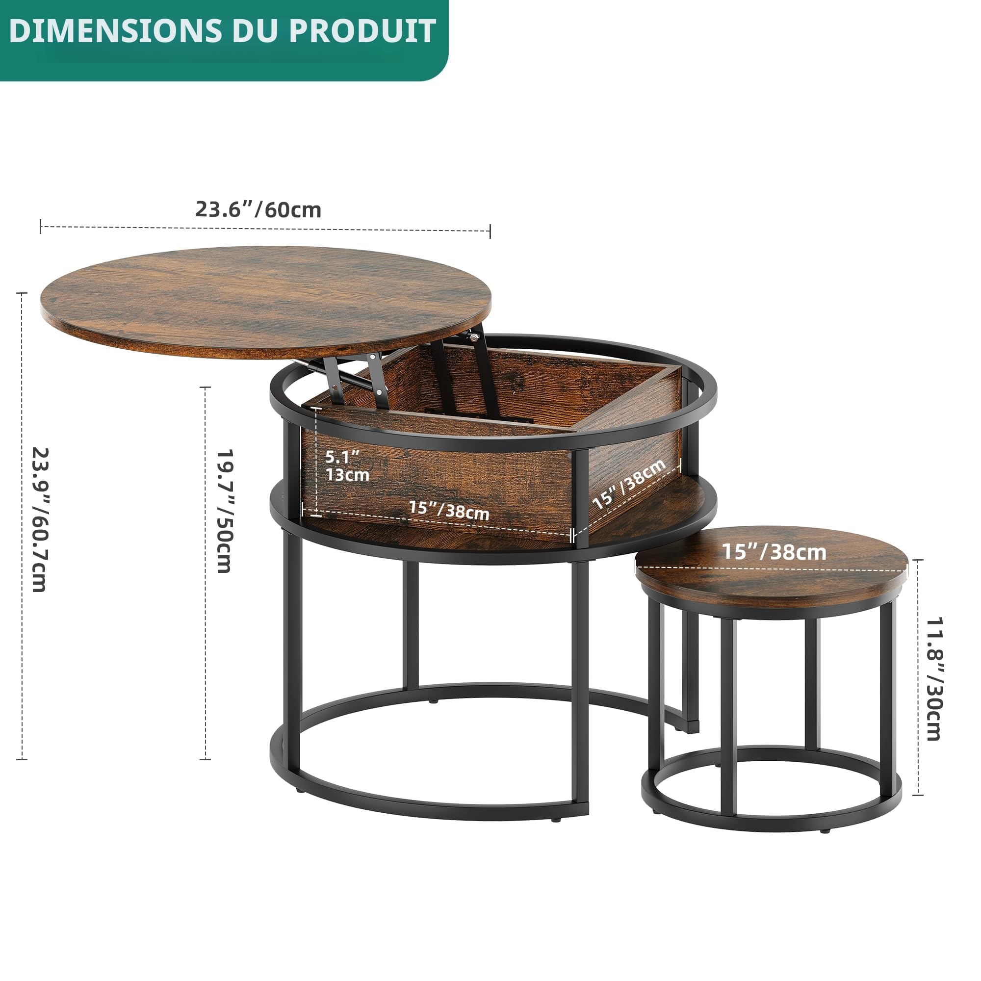 YITAHOME Table Basse Salon Relevable Ronde Bois avec Espace de Rangement et Plateau de Levage, Table Basse Gigogne pour Salon, 60x60x50 cm, 38x38x30 cm