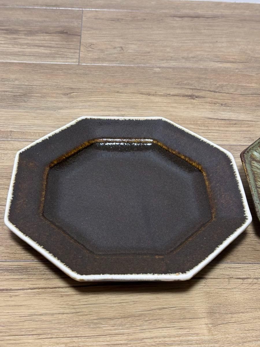 大沼道行 八角皿 Lサイズ 緑釉 黒釉 作家物 織部 陶芸 ワンプレート