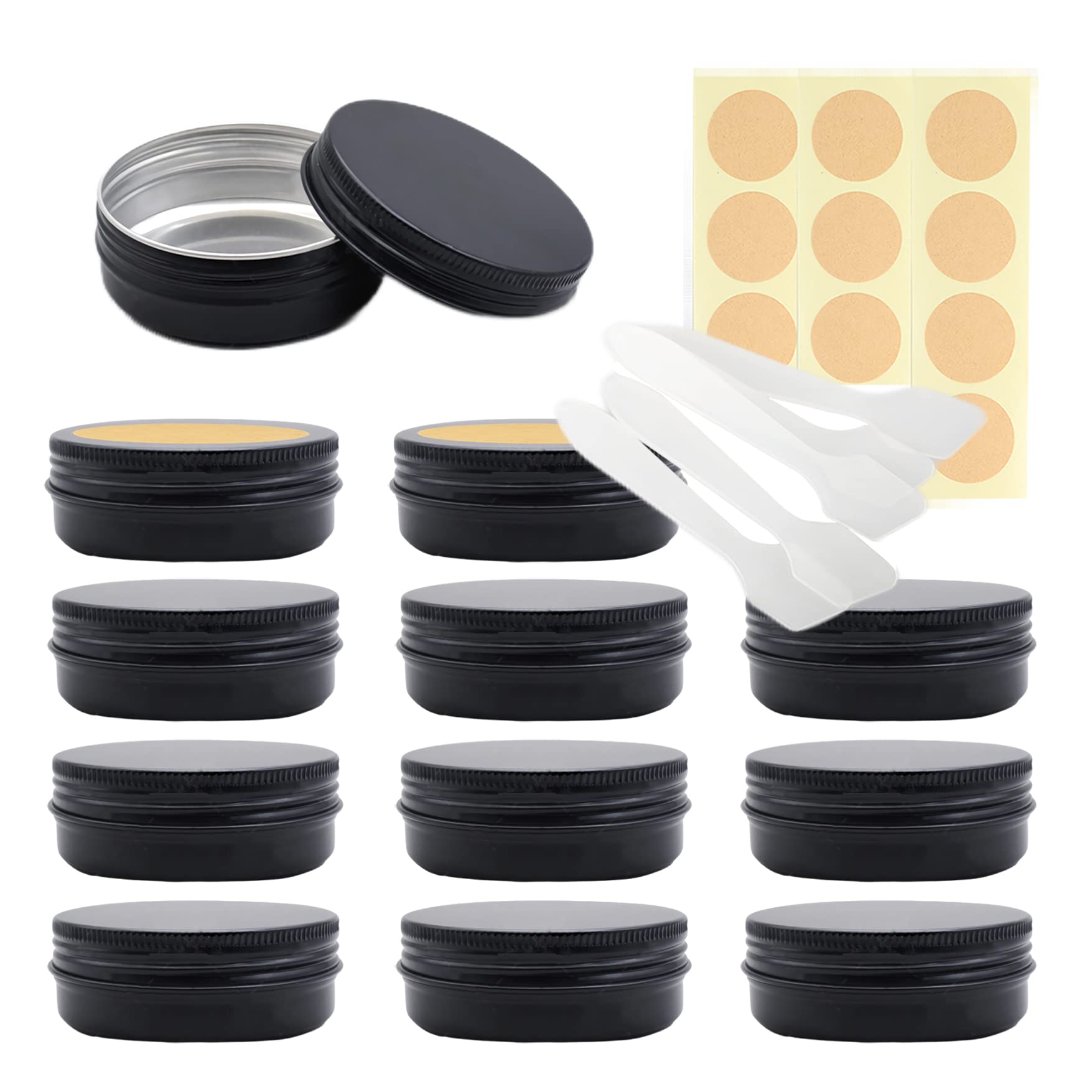 LusDoly Pack of 50 Empty 60ml Matte Black Aluminium Tins with Lids - Ø68x25mm Round Aluminum Screw Pots Travel Round Cosmetic Cream Container Jars for Candle Lip Balm, with Spatulas & Labels