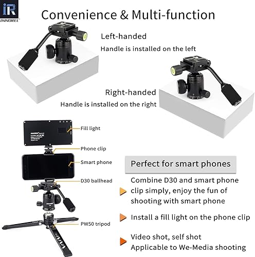 Miniatura 3 de Cabezal de bola panorámico D30 con asa, todos los soportes de metal CNC para cámara de rótula, cabezal de trípode INNOREL con dos placas de
