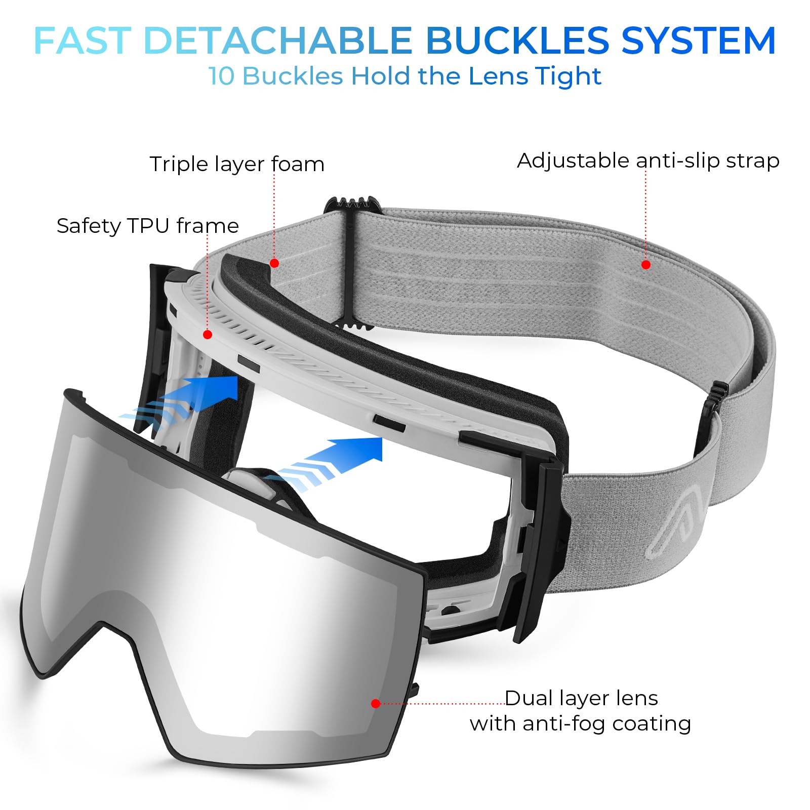 AVAWAY Skibrille Snowboard Brille Zylinder Verspiegelt Magnet-Wechselsystem OTG UV-Schutz Anti Fog Linse
