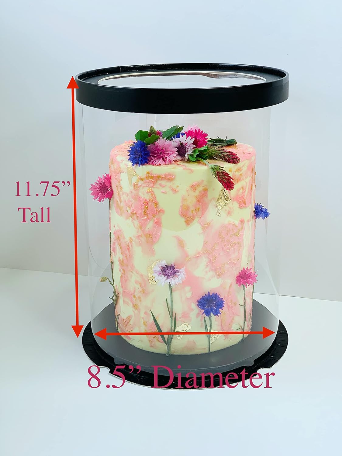 Black Tall 8 Inch Round Cake Boxes - 5 PCs with 15 Free Baking Recipes - Tall Clear Cake Carriers with Ribbon - Transparent Gift Boxes (Black 8.5" D x 11.75" H)