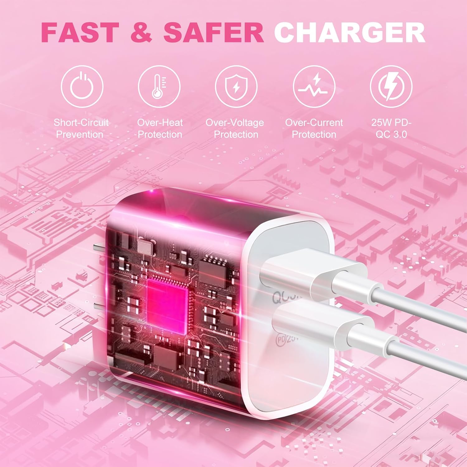 Aolcev for iPhone Charger Block Fast Charging 2 in 1 USB A USB C Charger Block 25W Cute Type C Fast Charging Blocks for iPhone 17 16 15 14 13 for iPad Pro USB C Charging Adapter Galaxy S25 S24 Pink - Image 3