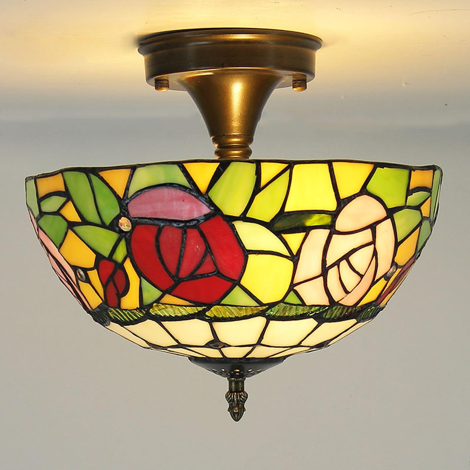 WDBZTJ Tiffany Style Ceiling Light Flush Mount, 12 inch Stained Glass Ceiling Lamp, E27 Bulb, Vintage LED Chandeliers for Living Room Bedroom(E2)