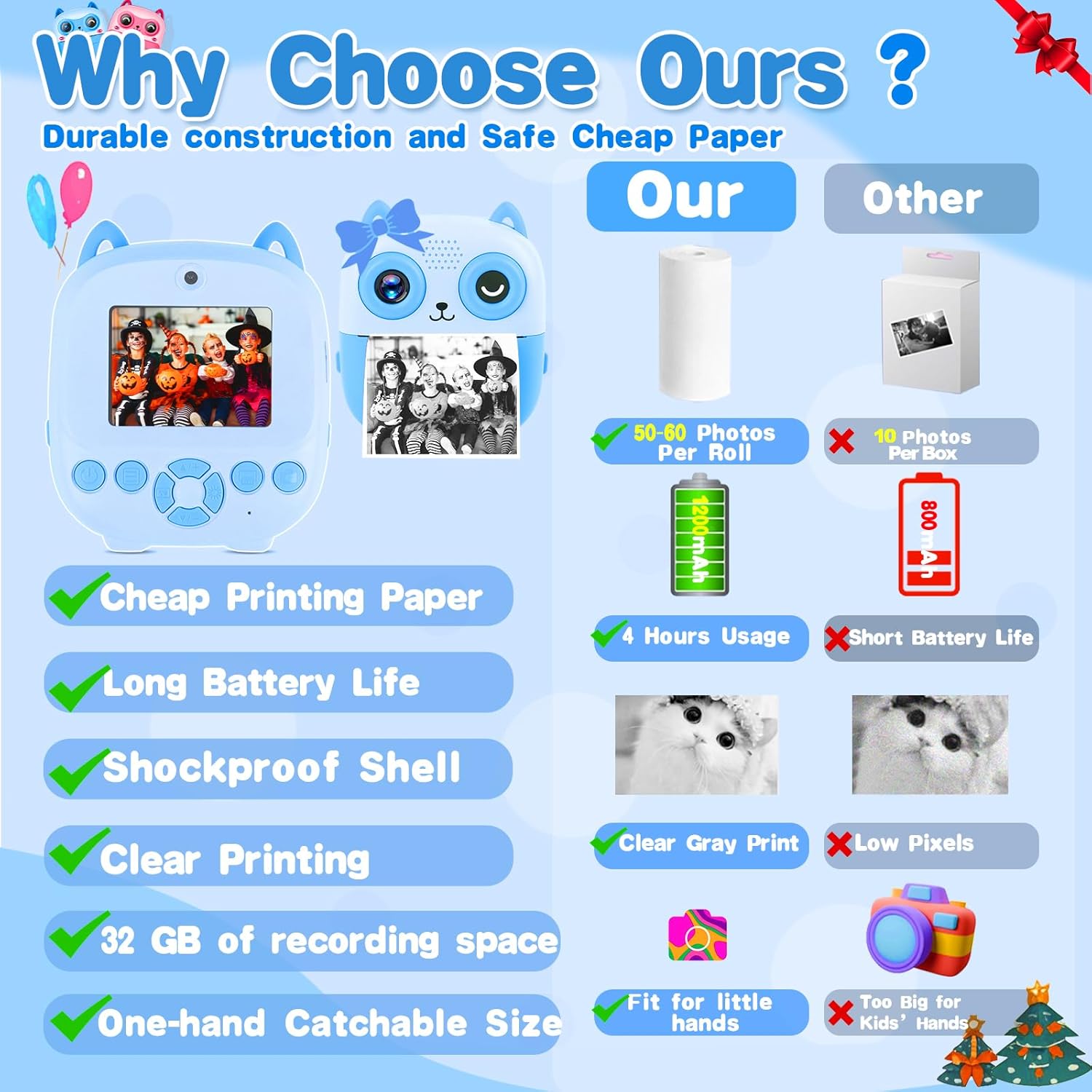 Kids Camera Instant Print, 32G 1080P HD Dual-Lens Selfie Digital Cameras, Christmas Birthday Gifts for Girls Boys, Toddler Portable Toys for 3 4 5 6 7 8 9 10 Year Old Girl-Blue - Image 6