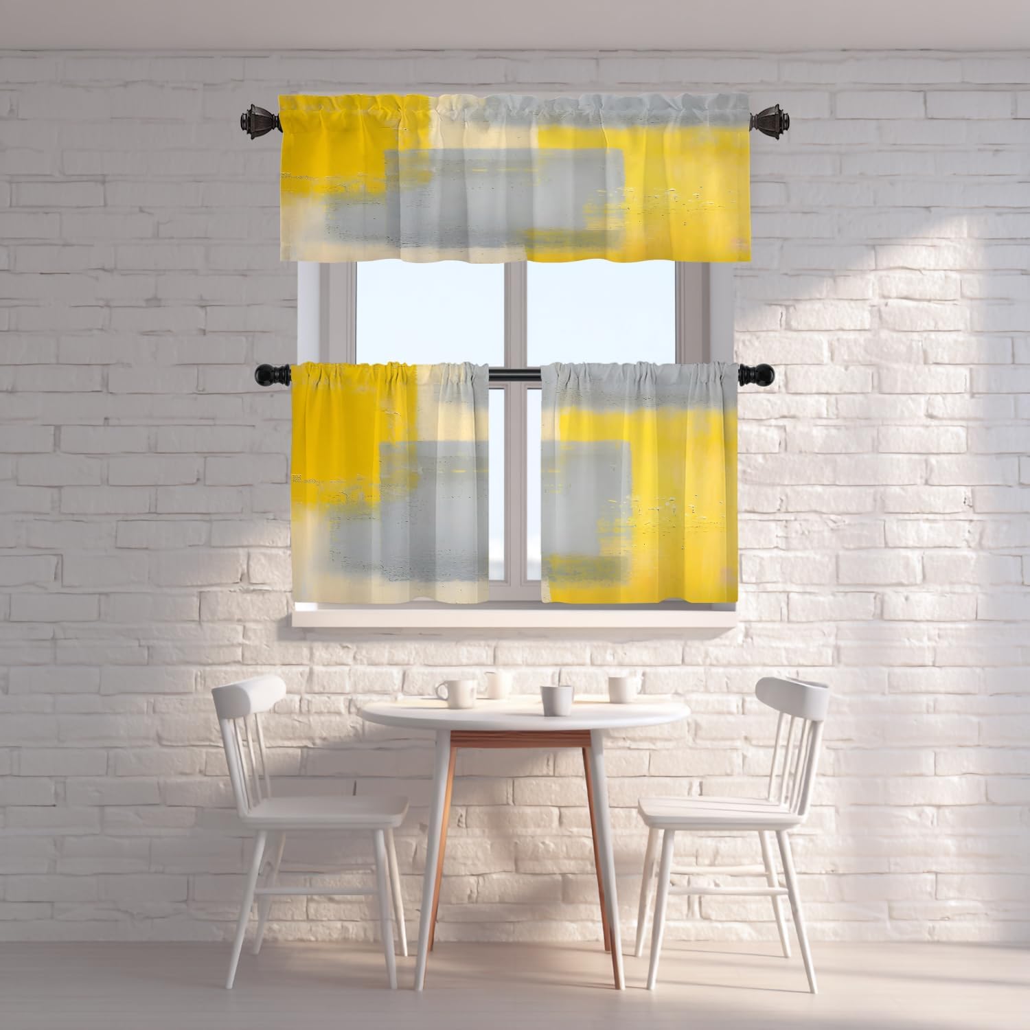 Shrahala Mustard Yellow Tier Curtains for Kitchen Windows, Yellow Valance Gray Curtains Yellow Accent Window Curtain Panels Multilayer Polyester Blackout for Living Room Bathroom 2 Pack 26 x 24 in
