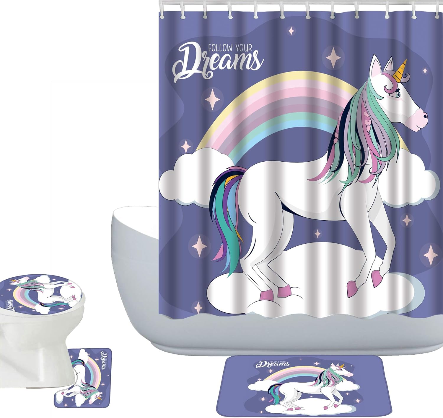 Teen Girls Decor 16 Piece Bathroom Mat Set Shower Curtain Set Follow Your Dreams Rainbow Unicorn Bath Mat Contour Mat Toilet Cover Shower Curtain 12 Hooks