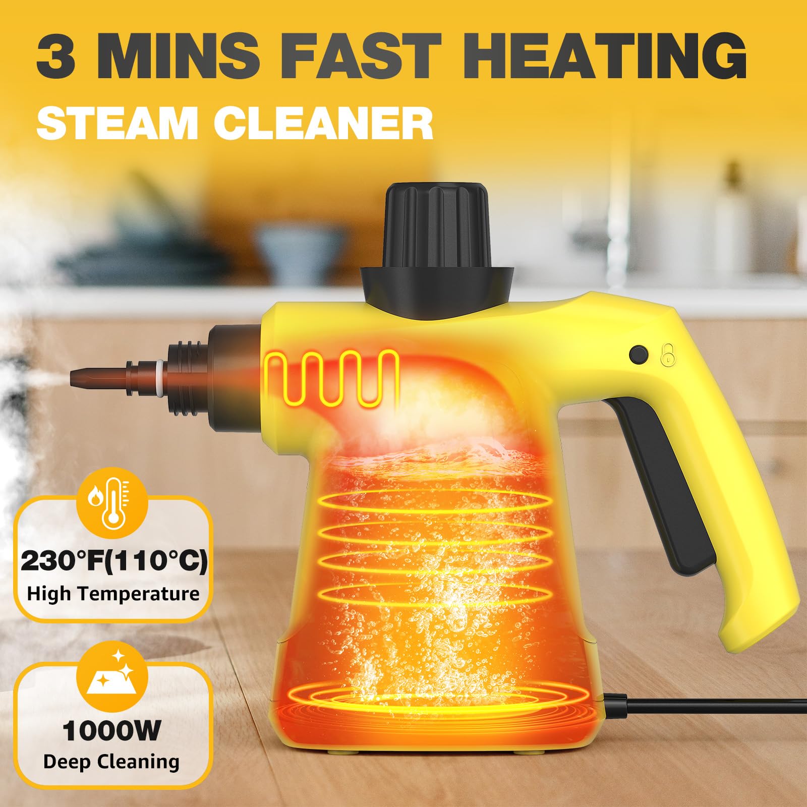 Pressurized Handheld Steam Cleaner, Portable Multi-Surface Cleaner for Home, Multipurpose Steam Cleaner for Tile, Grout, Windows, Bathroom, Kitchen, Car Cleaning, with 12pcs Accessories - Yellow