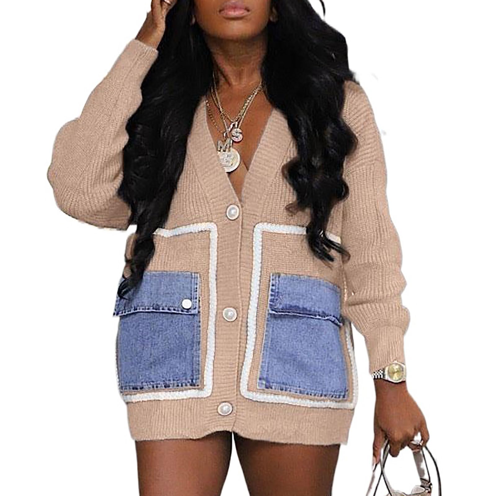 KANSOON Cardigan Sweaters for Women Casual Open Front Button Down Denim Patchwork Loose Knit Outerwear with Pockets
