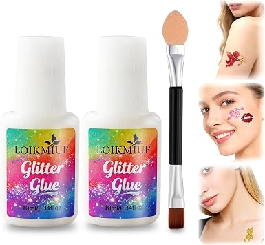 Glitter Tattoo Body & Face Glue, 10 mL 2 Pcs, Waterproof Long Lasting Skin Adhesive, for Music Festival, Carnival, Cosplay & Makeup