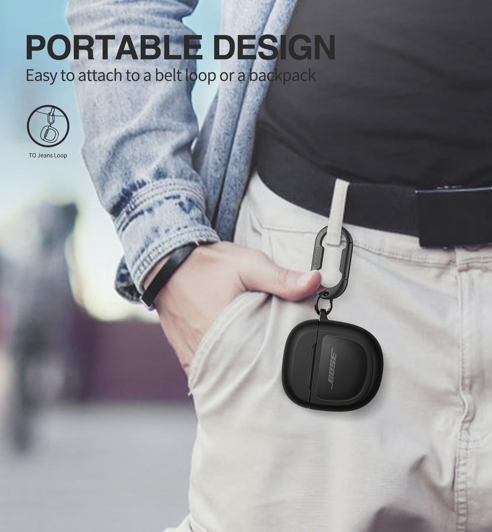 SURITCH Hülle für Bose QuietComfort Earbuds II 2022/QuietComfort Ultra 2023/Ultra Earbuds 2. Gen. 2025,Stoßfeste TPU Schutzhülle mit Karabiner & Schlüsselbund & Transparentem Logo Fenster (Schwarz)