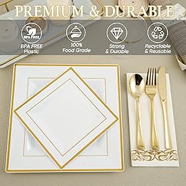 FOCUSLINE 175 Count Gold Dinnerware Set for 25 Guests - Square Plastic Plates with Gold Rim, Includes 25 Disposable Dinner & Dessert Plates, Napkins, Cups, Cutlery Set for Wedding Parties