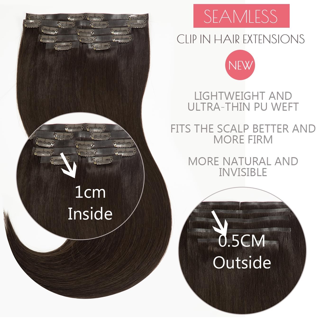 Loxxy Remy Seamless Clip in Hair Extensions Human Hair Silky Straight Ultra-Thin PU Weft With Clips #2 Darkest Brown Color Invisible PU Clip in Hair Extensions 7 pieces 110gram 16inch