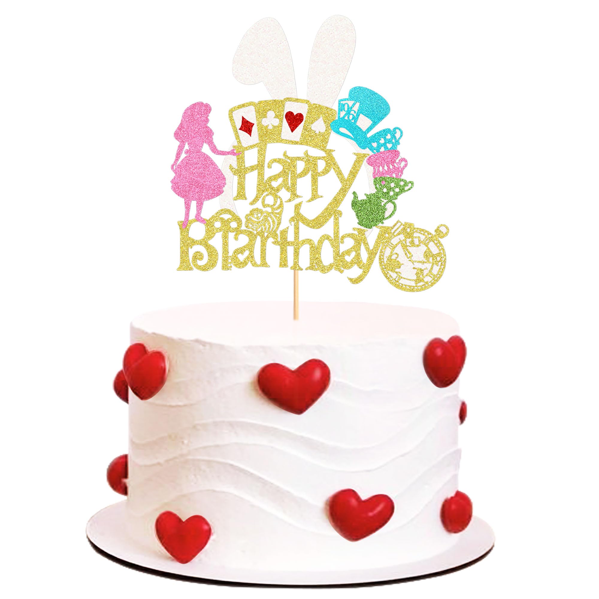 Alice In Wonderland Cake Topper - 1 PC Glitter 'Happy Birthday' Decoration With Rabbit, Clock, Teapot