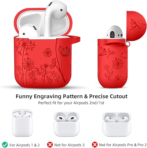 Miniatura 8 de Lerobo Funda con grabado de flores para AirPod, elegante protector de silicona suave con llavero compatible con Apple AirPods de 12 generación, LED
