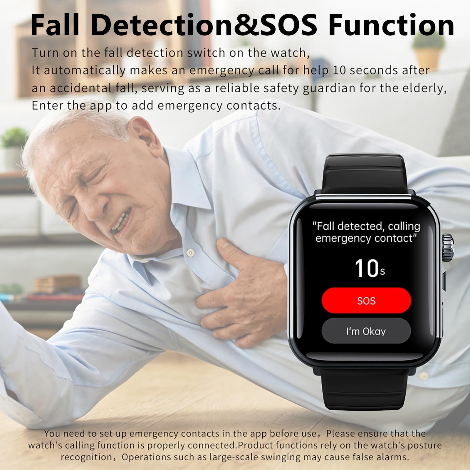 Orologio intelligente per uomini e donne anziani con rilevamento di caduta e allarme di caduta per telefoni Android iOS Bluetooth Risposta/composizione chiamate frequenza cardiaca monitoraggio del
