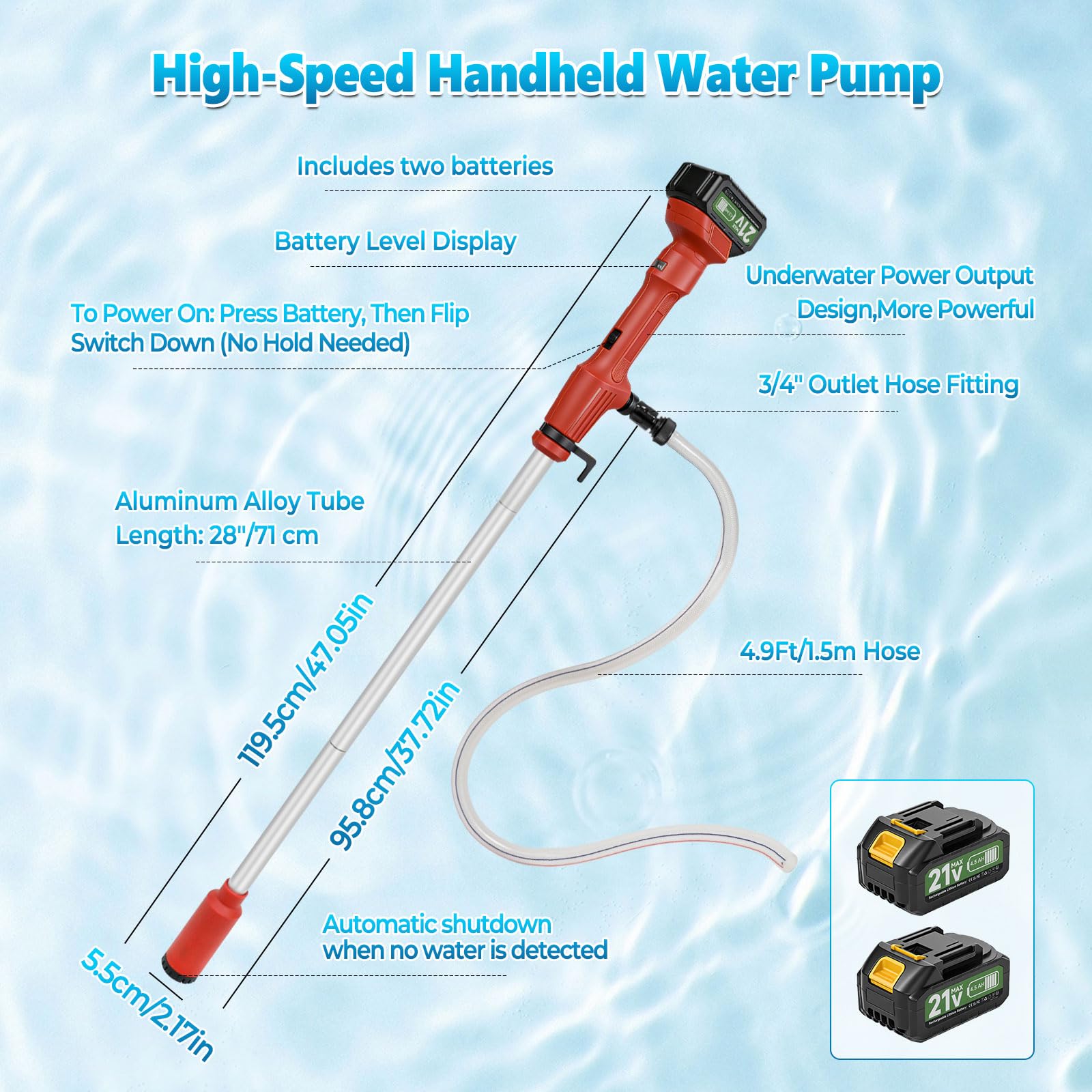 Pompe à eau sans fil à tige, pompe submersible portative pour puits profond, pompe de puisard utilitaire à haut débit 2725 L/h avec 2 × batteries rechargeables de 4,5 Ah pour jardin, étang, bateau