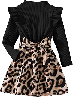 Toddler Girl's Leopard Print Ruffle Trim Mock Neck Long Sleeve Belted Rib Knit A Line Dress