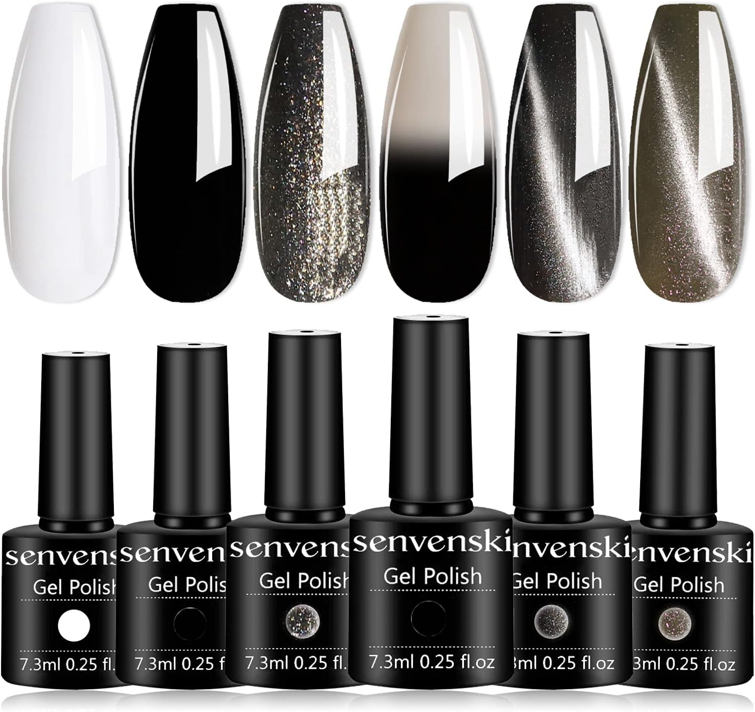 senvenski Black White Gel Nail Polish Kit - UV/LED Nail Art Set with Gunmetal Silver Grey Pewter Glitter Colors | Color Changing Cat Eye Magnetic Manicure Gift Kit for Women Salon Home Use (HS004)