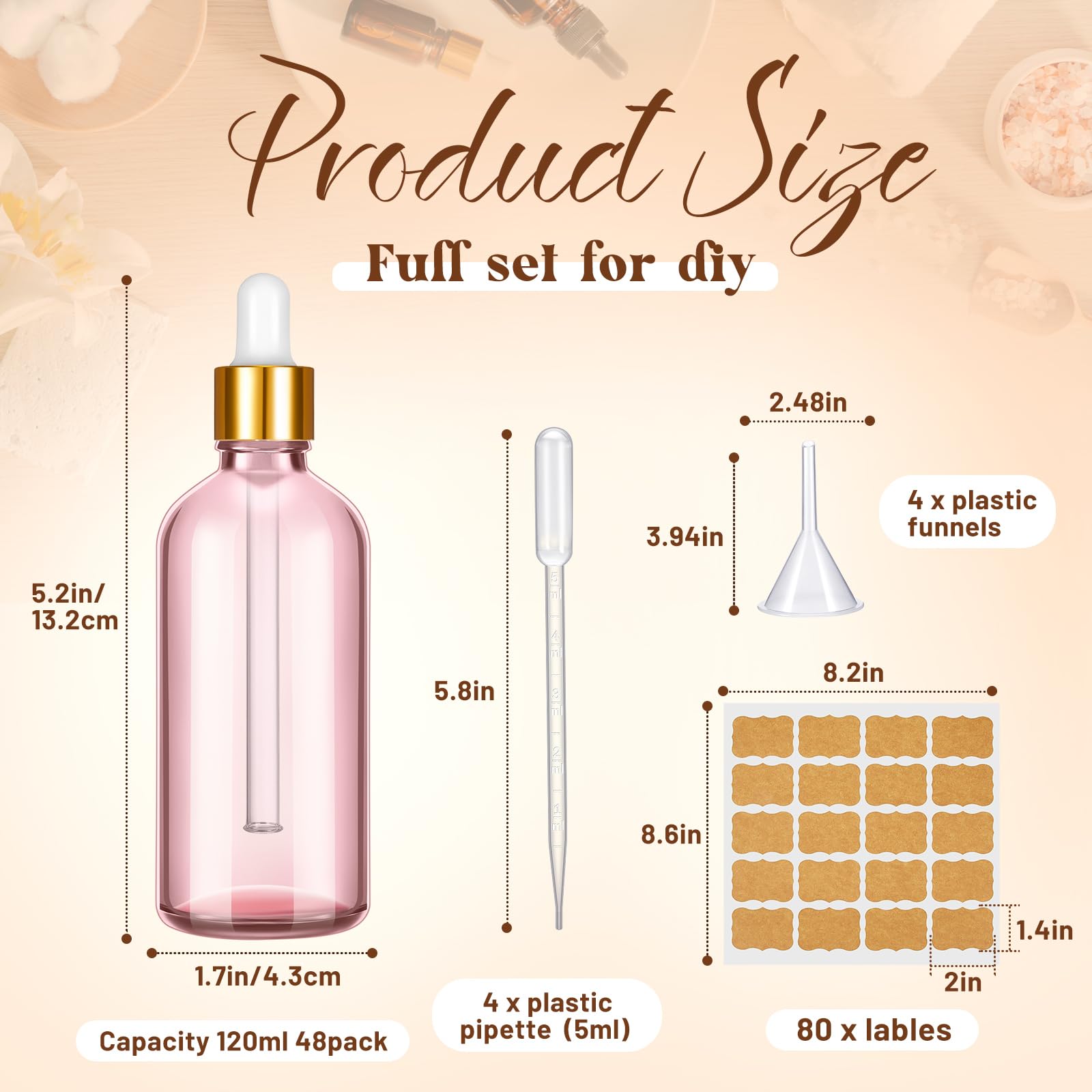 Lallisa 48 Stück Glas-Tropfflaschen mit Augentropfenspender, Labor Tropfflaschen mit 4 langen Pipetten, 4 Trichter und 80 Etiketten für Reisen, Nagelhautmassage, ätherische Öle, Parfüm (Rosa, 118 ml)