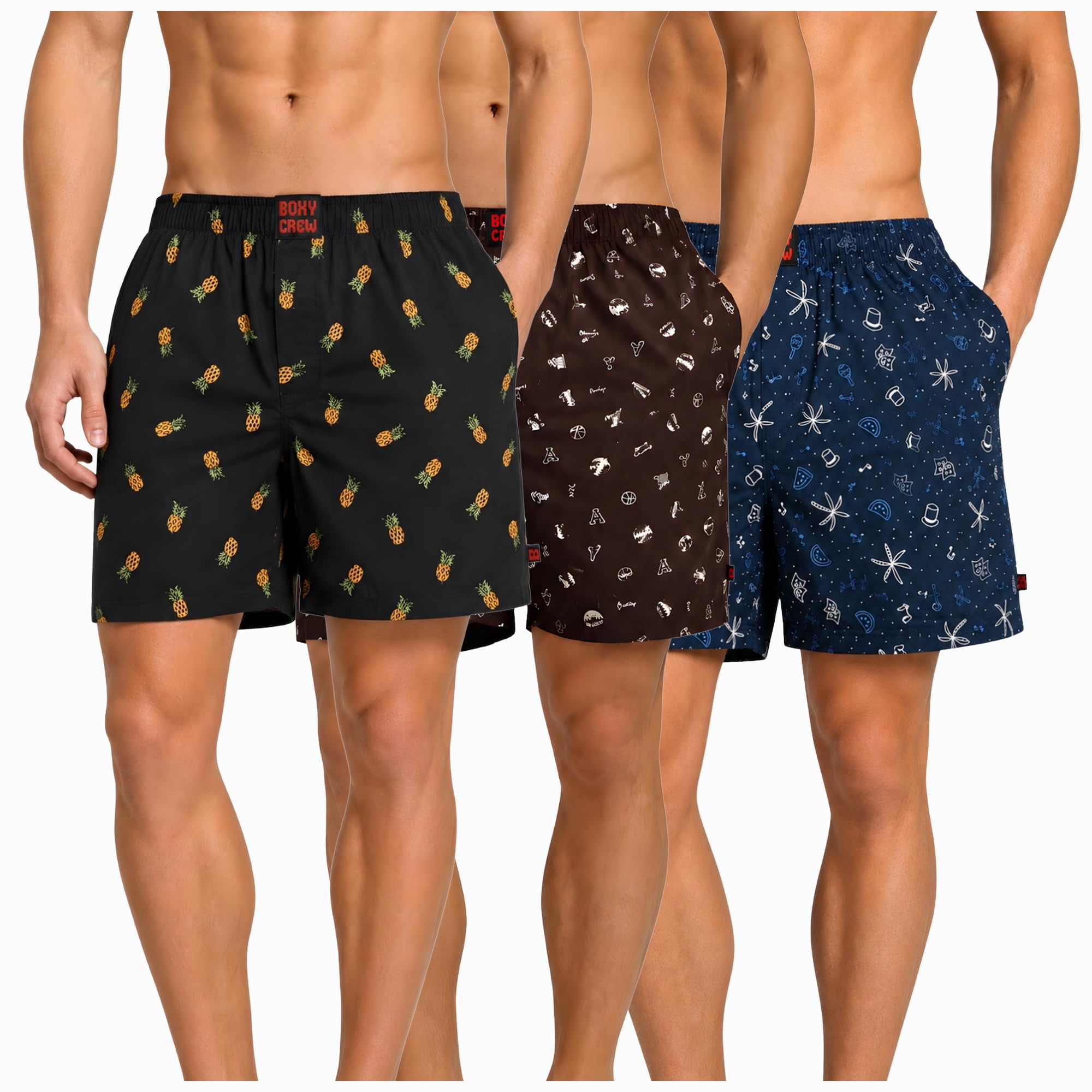 Men's 100% Cotton Boxer Shorts Pack of 3, Charcoal, Brown & Navy Blue | Woven Boxers with Side Pockets, No-Marks Elastic Waistband, Breathable Relaxed Fit | Style 004-005-007-image-38