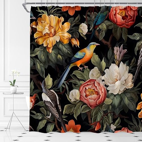 Cortina de ducha con diseño floral negro, bohemio, pájaro, vintage, flores tropicales, tela única para mujer, juego de decoración para el hogar y el