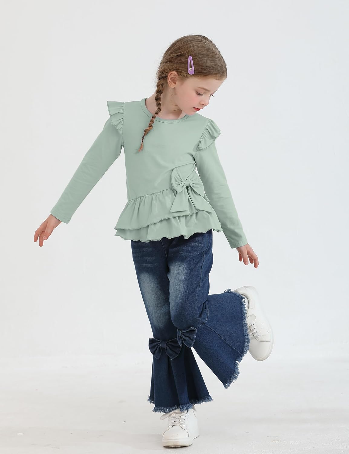Toddler Girl Clothes Solid Color Ruffle Bowtie Top and Flare Pants Set Girls Fall Winter Outfits for 2-7 Years - Image 2