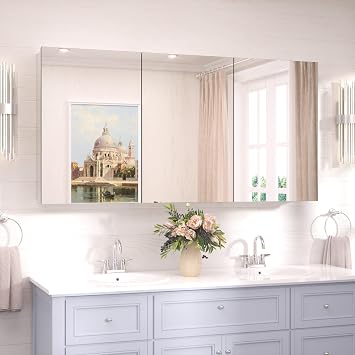 TokeShimi 48x24 Bathroom Medicine Cabinet with Mirror Strengthened, Aluminum Silver Mirror Medicine Cabinet Recessed or Surface Mount with Adjustable Storage Metal for Modern Farmers