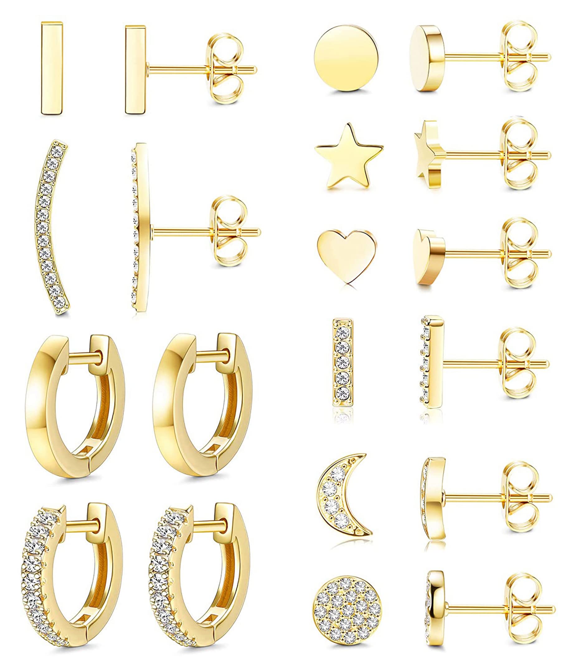 JeweBella10Paia Pequeños Pendientes Acero inoxidable Mujer Hipoalergénico Mini Pendientes Aro Luna Estrella Zircon Pendientes Conjunto Plata/Oro/Oro Rosa