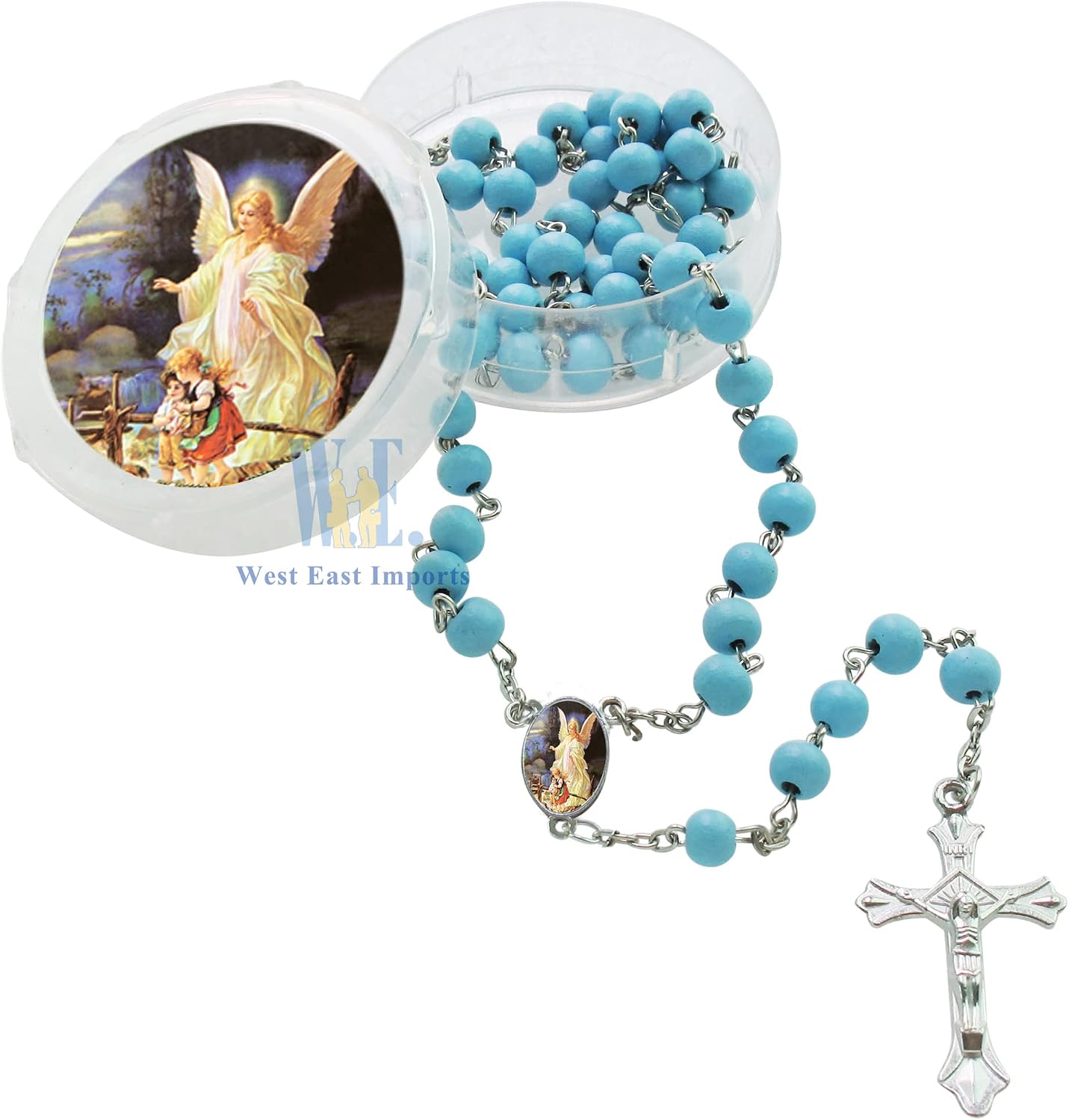 WE Baptism First Communon Blue Scented Wood Rosary Favor - 12pcs Guardian Angel Rosaries with individual Gift Box and Decorated Pouches