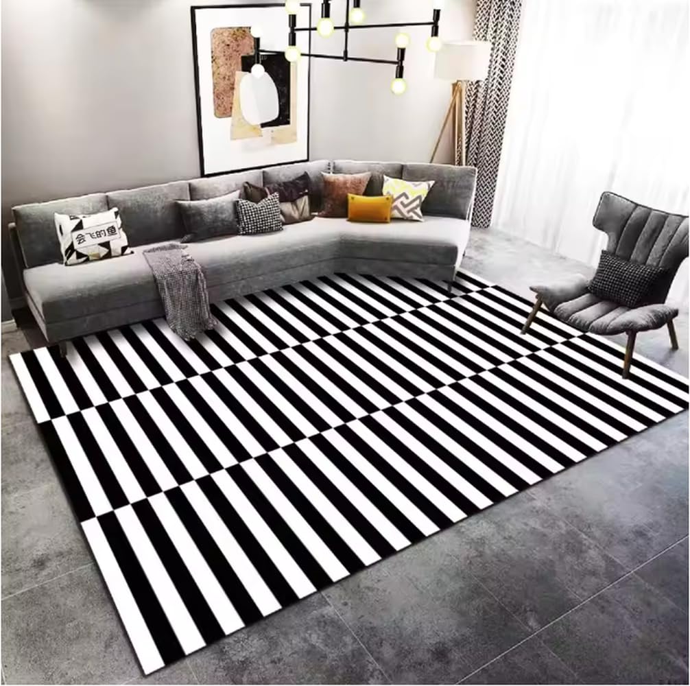 Moquette Moderne À Motif D’Animal Zèbre Tapis Noir Rayé Blanc Décoration Minimale Antidérapante pour Salon 140X200Cm