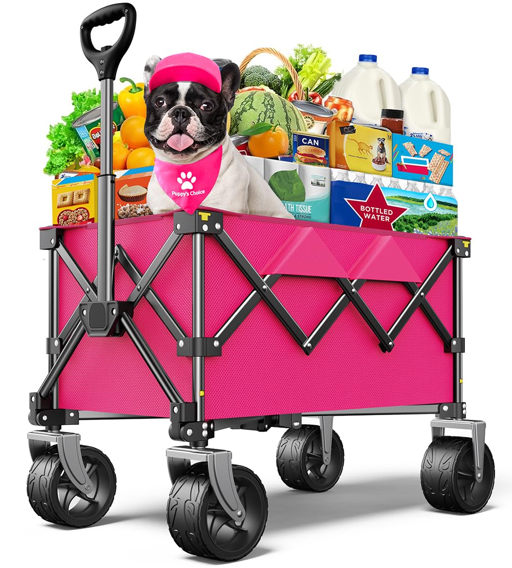 Beach Wagon,Collapsible-Wagon 220lbs with Big Wheels FoldableWagon Carts,Portable Utility for Garden Grocery Sports Camping All Terrain-Pink