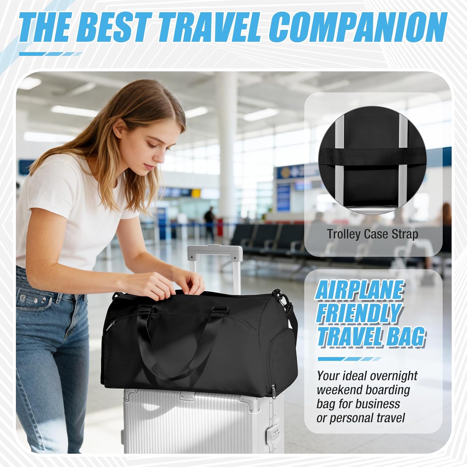 Gym Bag for Women & Men,Sports Duffel Bag Travel Bag with Shoe Compartment,Personal Item Weekender Bags with Wet Pocket,Black Overnight Bag