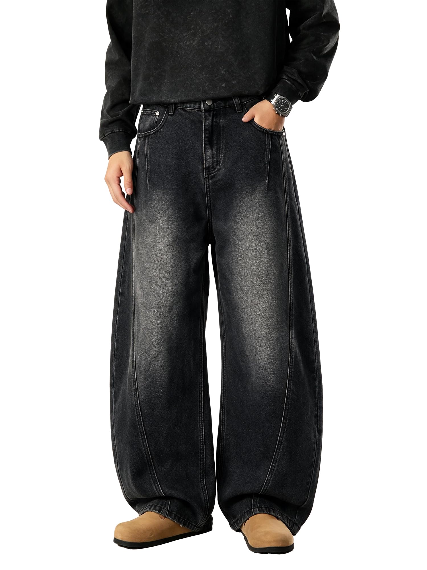 PLEPAN Mens Barrel Baggy Jeans Relaxed Fit Wide Leg Denim Pants | Skater, Y2K, Streetwear, Vintage Wash, Breathable Comfort