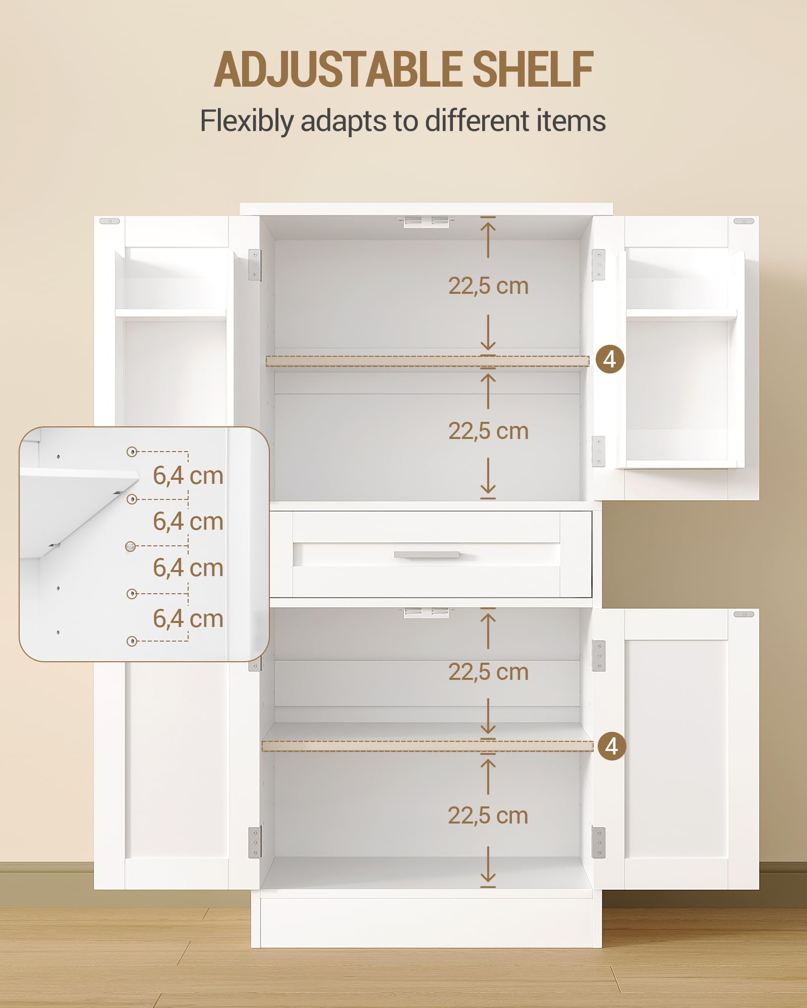 Hzuaneri Alacena de Cocina, 120 cm Aparador Comedor, 4 Puertas, 1 Cajón Grande, Estante de Almacenamiento Detrás de La Puerta, Armarios Altos de Cocina, Moderno, 40 x 60 x 120 cm, Blanco PT20003X