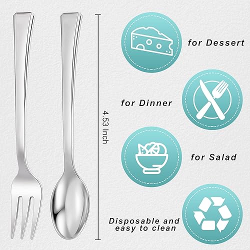 Miniatura 2 de Yinkin 300 mini tenedores y cuchara de plástico para aperitivos de 4.53 pulgadas, acabado de acero inoxidable, cubiertos desechables plateados,