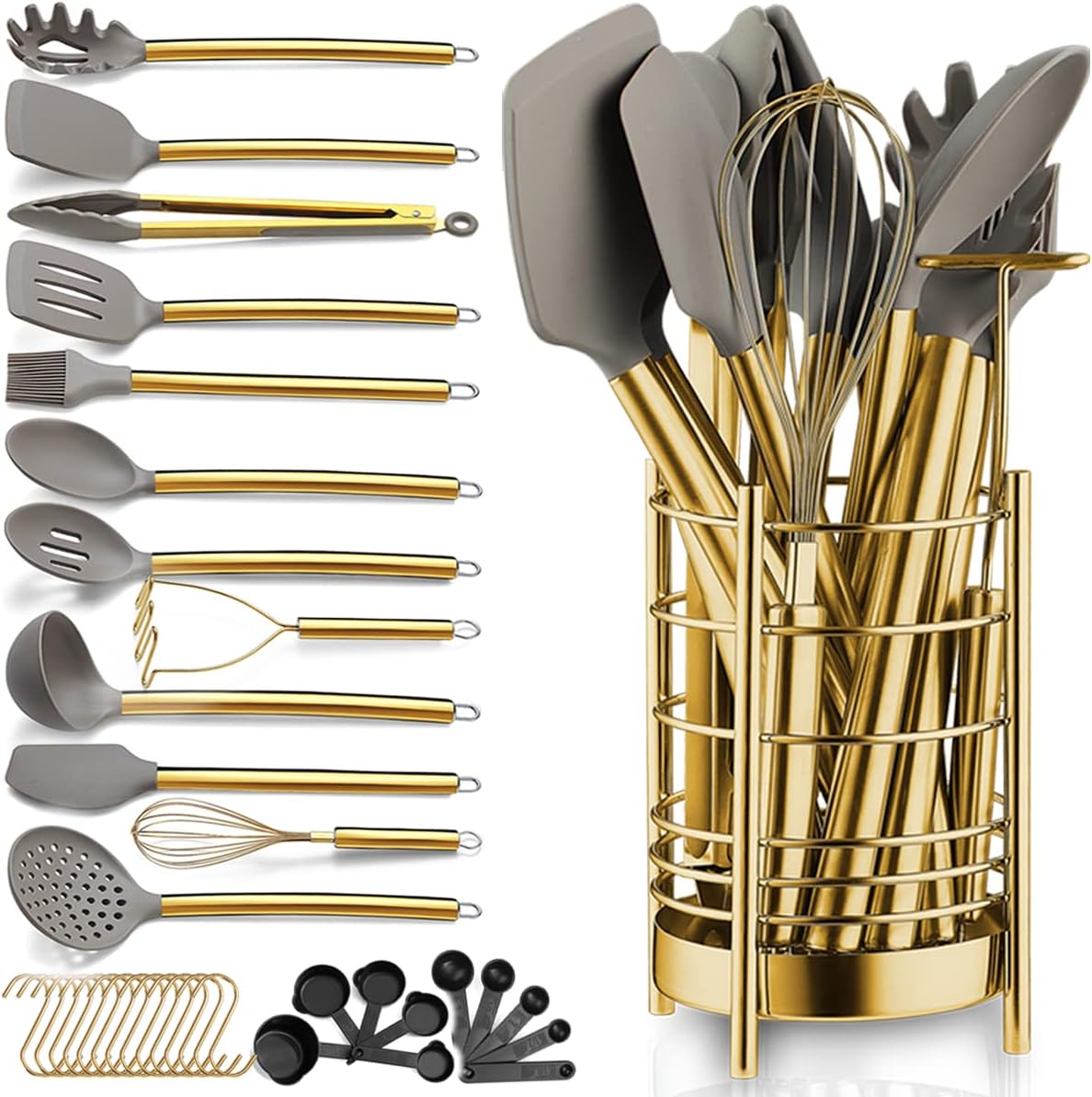 Berglander Gold Kitchen Utensils Set, 38 Pieces Non-stick Silicone Cooking Tools Spoon Spatula Set With Sturdy Stainless Steel Utensil Holder, Dishwasher Safe