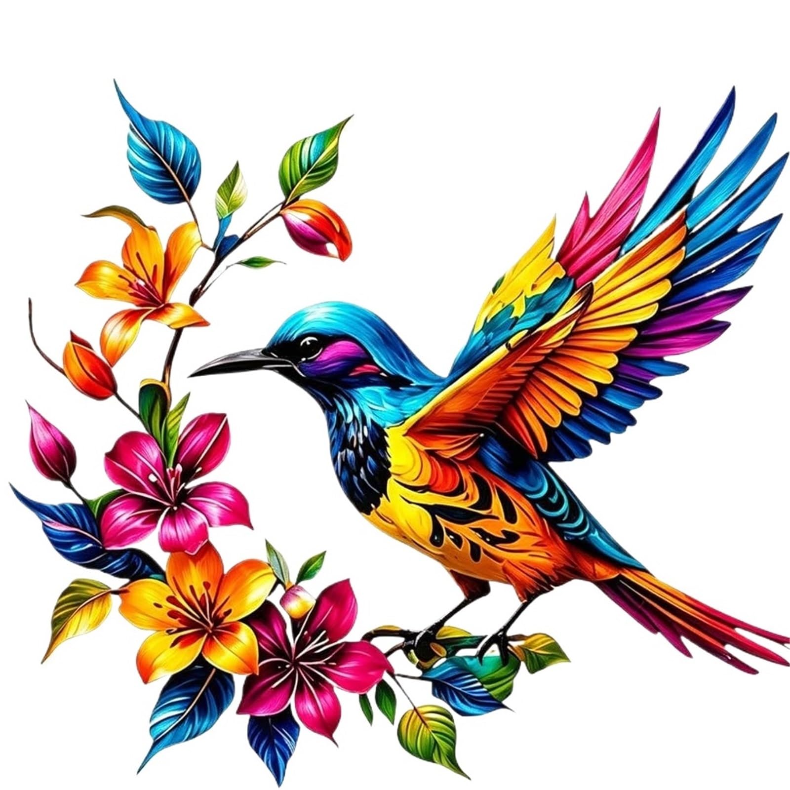 ANQKYO Hummingbird Bloom Metal Wall Art Colorful Bloom Hummingbird Metal Wall Art With Flower Garden Sign, Decoration, 2D Floral Bird Iron Hanging Decor(Blue)
