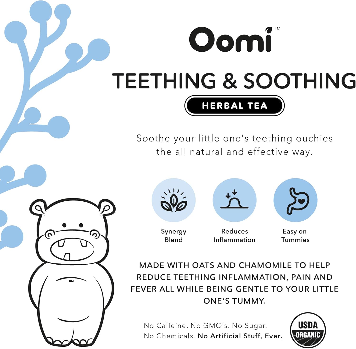 Baby Teething Relief Herbal Tea by Oomi - Natural & USDA Organic - 30 Servings - Safe for Infants - Caffeine & Chemical Free - Made with Chamomile - Oral Pain Relief & Baby Sleep Aid : Baby